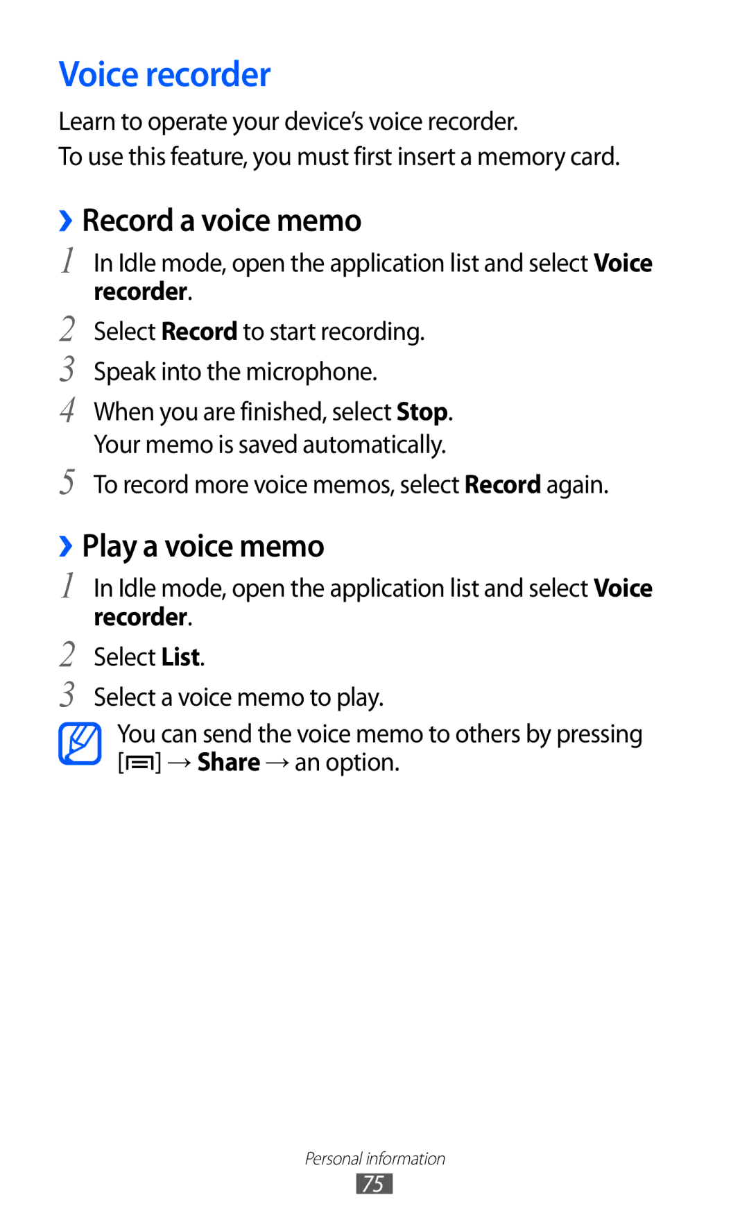 Samsung GT-S5570EGIEGY, GT-S5570EGIKSA, GT-S5570EGIMID Voice recorder, ››Record a voice memo, ››Play a voice memo, Recorder 