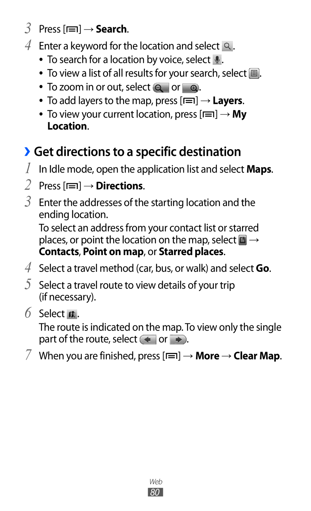 Samsung GT-S5570AAITHR, GT-S5570EGIKSA, GT-S5570EGIMID manual ››Get directions to a specific destination, Press → Search 