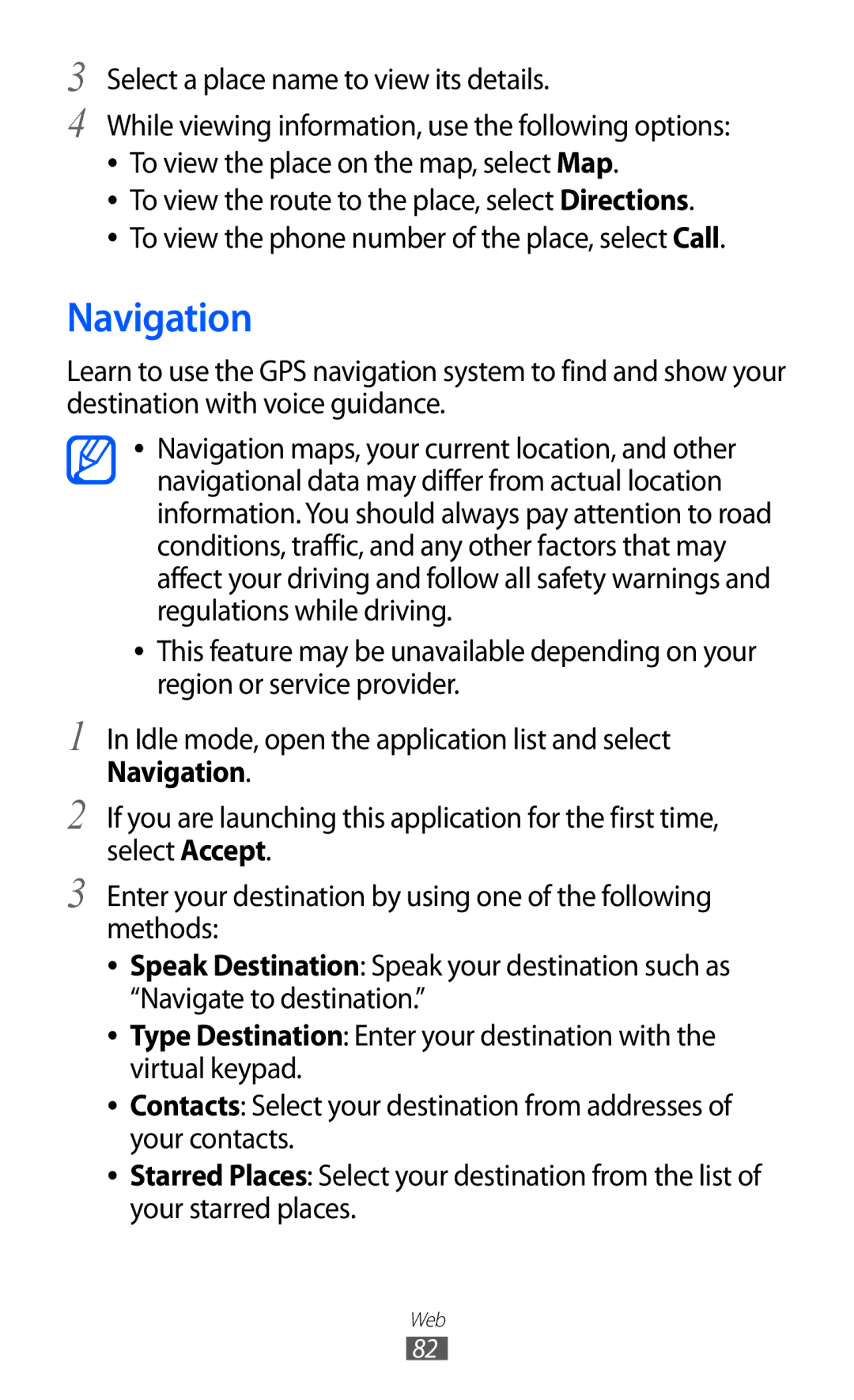 Samsung GT-S5570EGUSKZ, GT-S5570EGIKSA, GT-S5570EGIMID, GT-S5570MOIEGY Navigation, Select a place name to view its details 