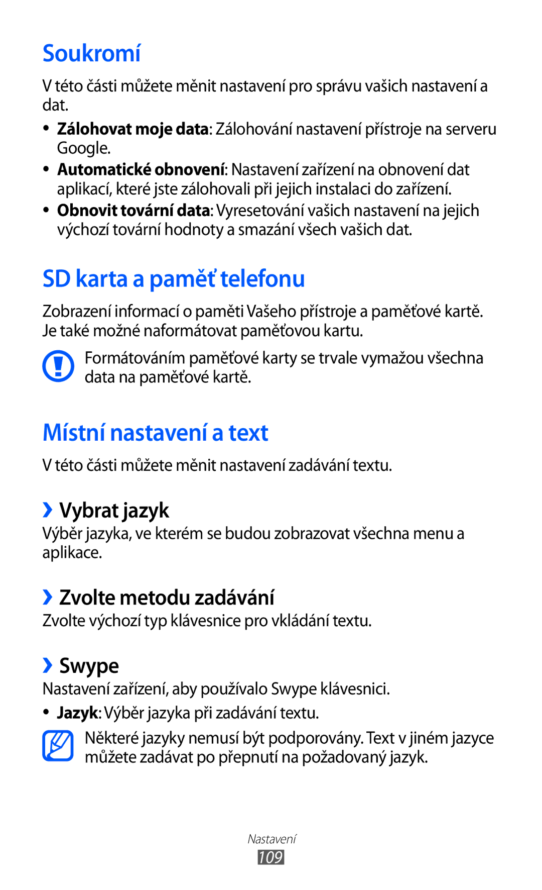 Samsung GT-S5570EGIXEZ, GT-S5570EGIVDC, GT2S5570MAIXSK manual Soukromí, SD karta a paměť telefonu, Místní nastavení a text 