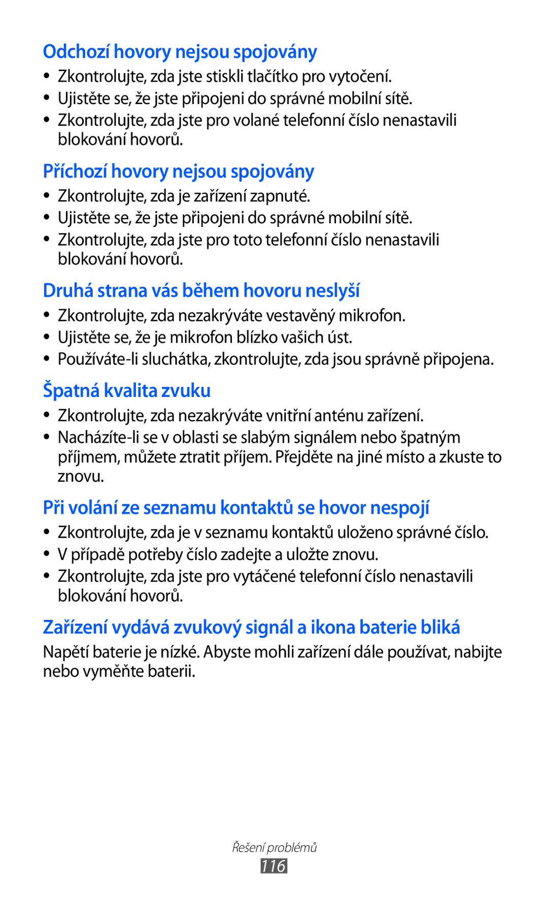 Samsung GT2S5570AAIXSK, GT-S5570EGIVDC, GT2S5570MAIXSK, GT2S5570EGIXSK, GT2S5570EGIXEZ Odchozí hovory nejsou spojovány, 116 