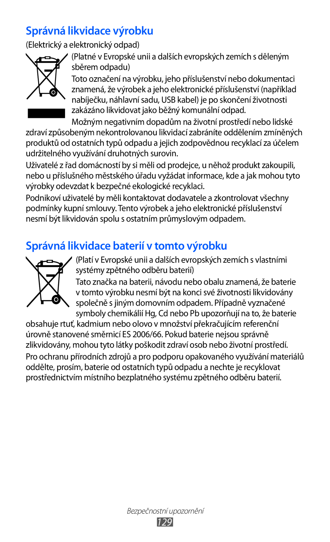 Samsung GT-S5570EGIO2C, GT-S5570EGIVDC, GT2S5570MAIXSK, GT2S5570EGIXSK, GT2S5570EGIXEZ manual Správná likvidace výrobku, 129 