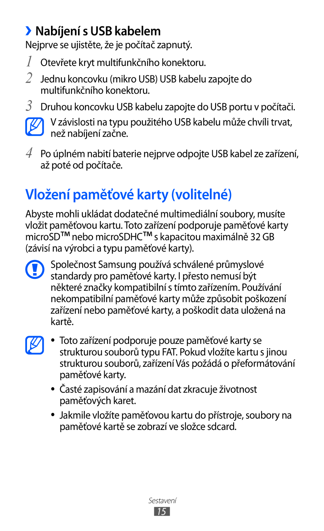 Samsung GT-S5570MOIXSK, GT-S5570EGIVDC, GT2S5570MAIXSK manual Vložení paměťové karty volitelné, ››Nabíjení s USB kabelem 