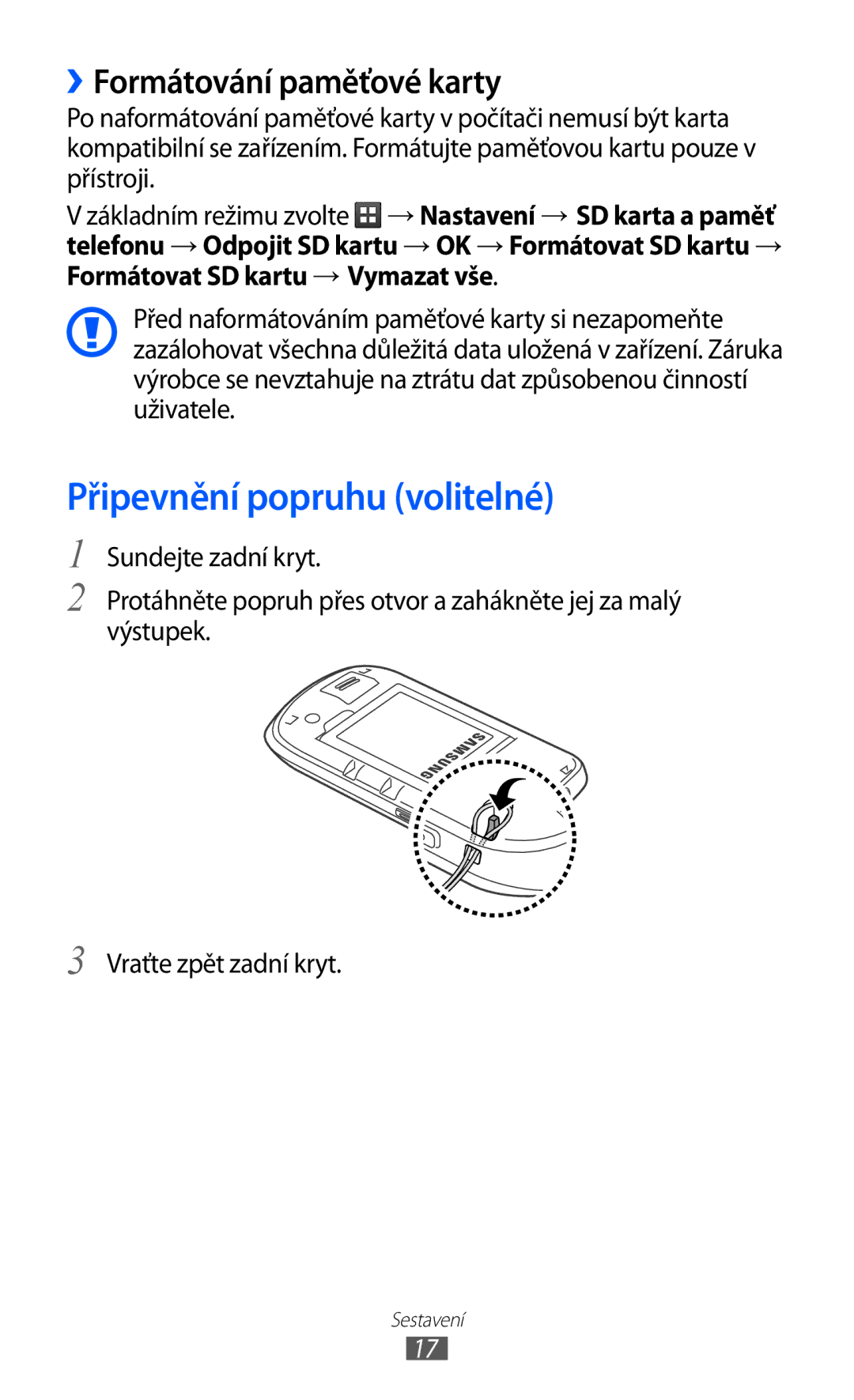 Samsung GT-S5570EGIO2C, GT-S5570EGIVDC, GT2S5570MAIXSK manual Připevnění popruhu volitelné, ››Formátování paměťové karty 