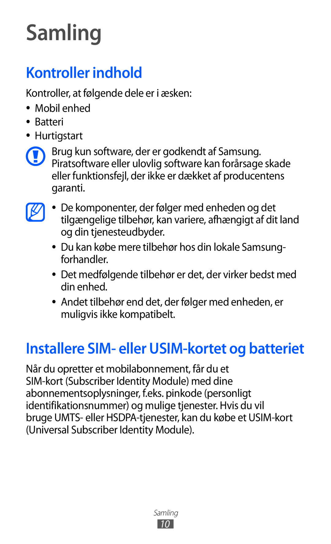 Samsung GT-S5570MAINEE, GT-S5570CWINEE, GT-S5570AAINEE Samling, Kontroller indhold, Kontroller, at følgende dele er i æsken 