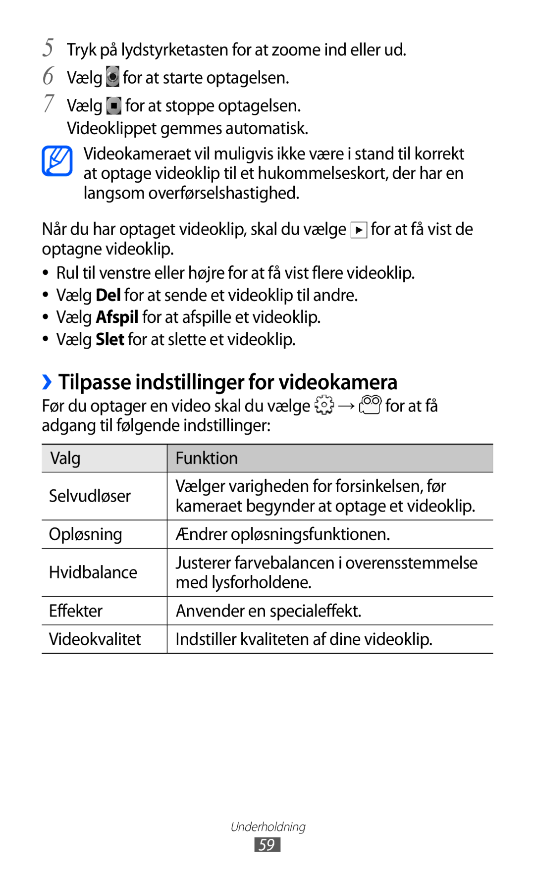 Samsung GT-S5570EGINEE manual ››Tilpasse indstillinger for videokamera, Opløsning Ændrer opløsningsfunktionen Hvidbalance 