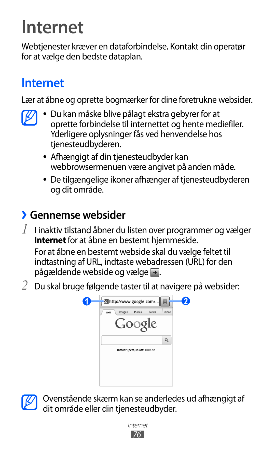 Samsung GT-S5570CWINEE manual Internet, ››Gennemse websider, Du skal bruge følgende taster til at navigere på websider 