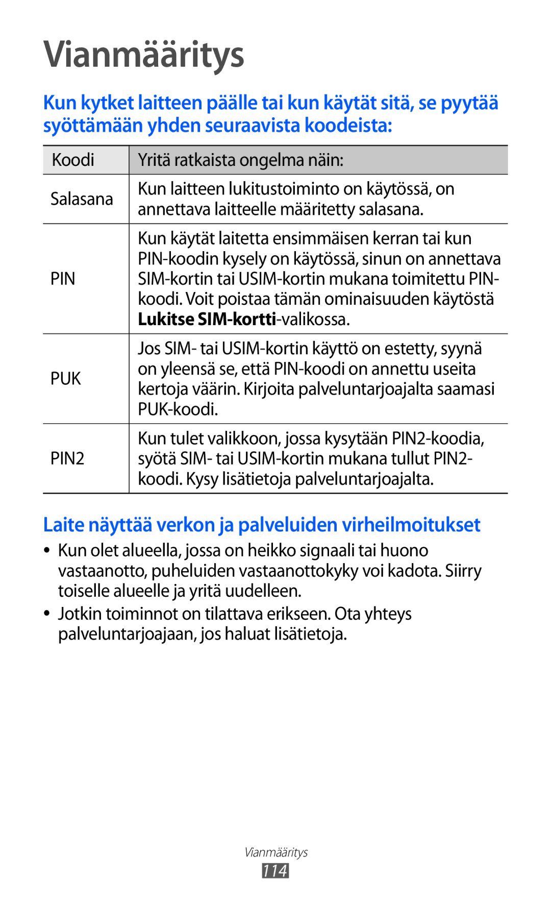 Samsung GT-S5570EGINEE Vianmääritys, Lukitse SIM-kortti-valikossa, PUK-koodi, Koodi. Kysy lisätietoja palveluntarjoajalta 