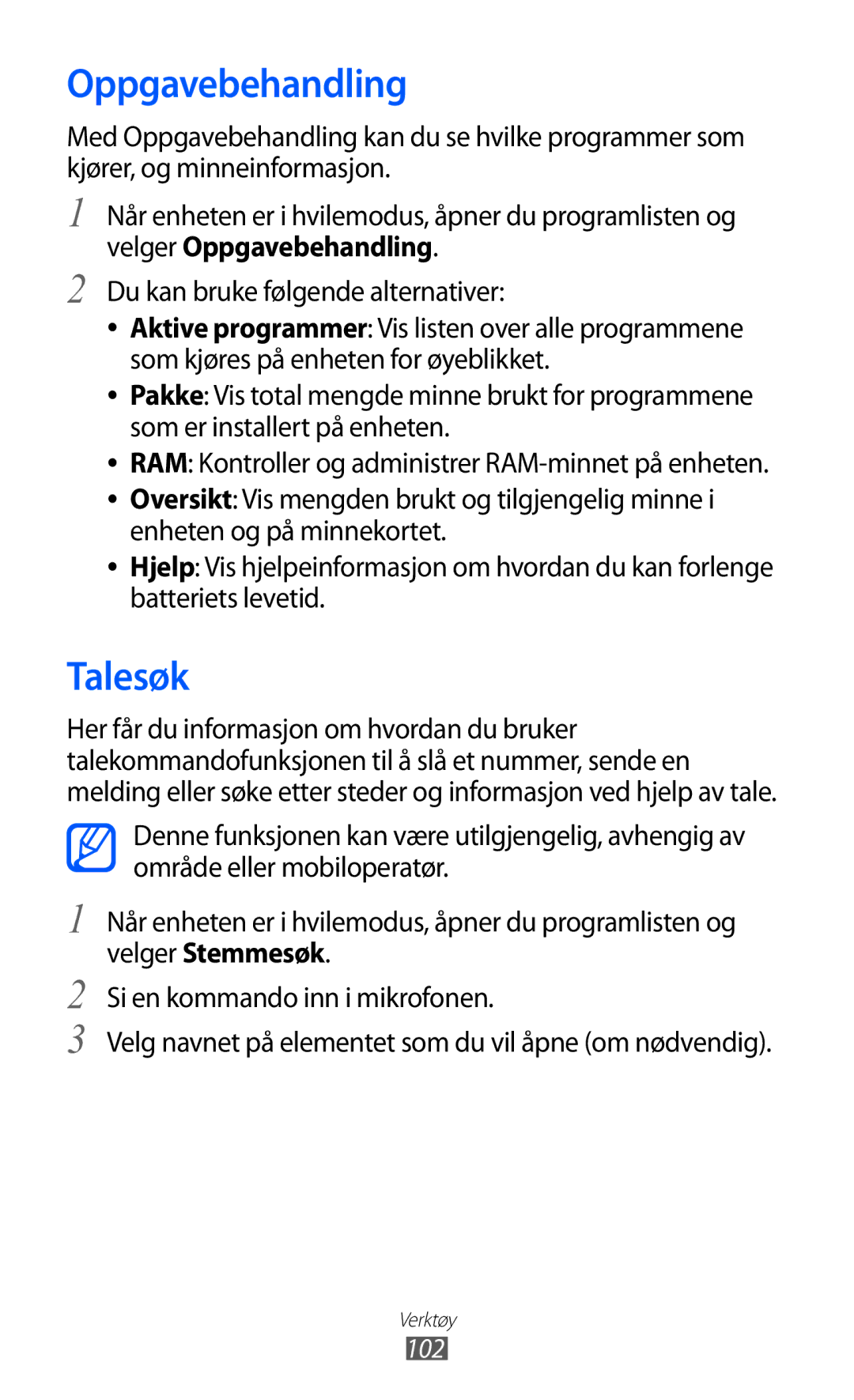 Samsung GT-S5570AAINEE, GT-S5570MAINEE, GT-S5570CWINEE, GT-S5570MOINEE, GT-S5570EGINEE manual Oppgavebehandling, Talesøk, 102 