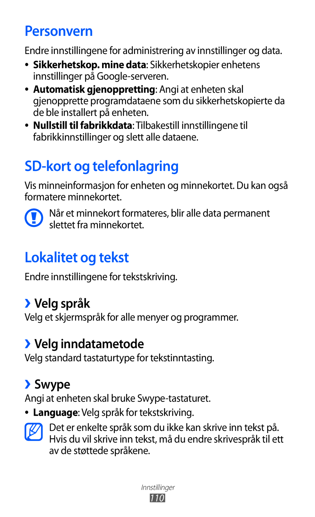 Samsung GT-S5570MAINEE, GT-S5570CWINEE, GT-S5570AAINEE manual Personvern, SD-kort og telefonlagring, Lokalitet og tekst 