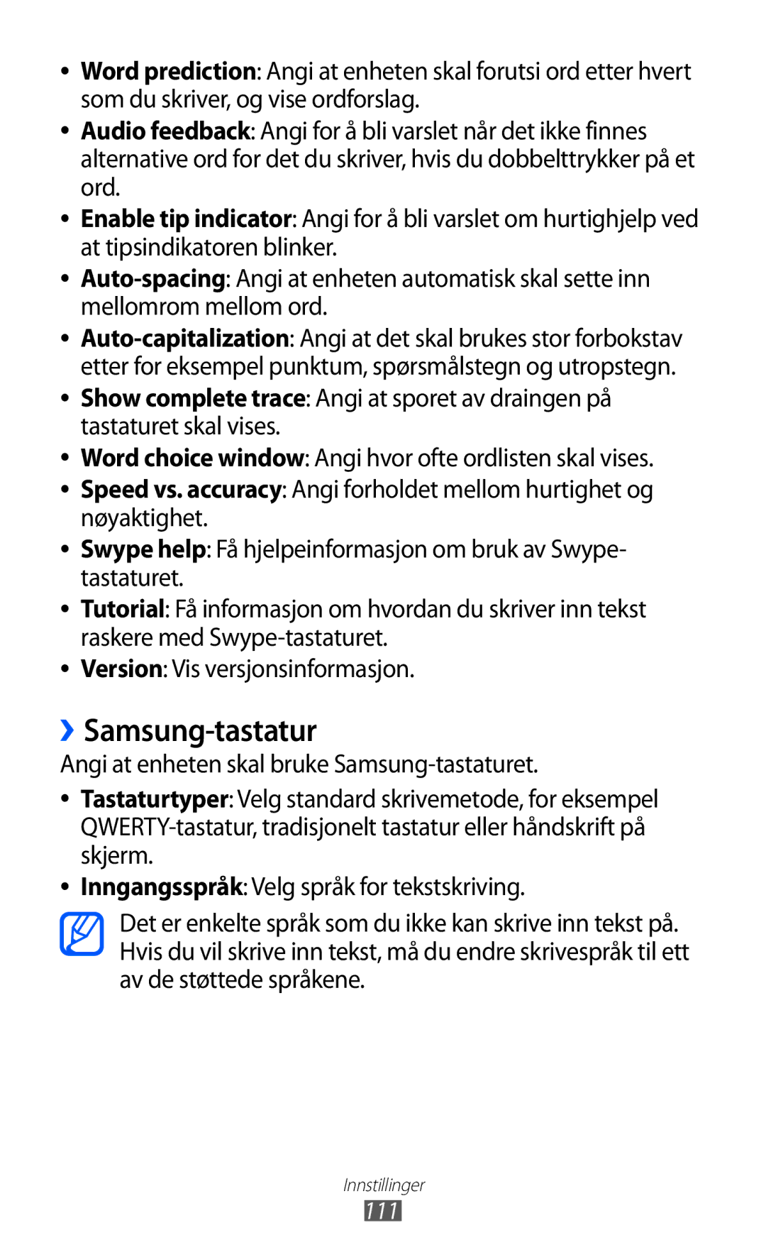 Samsung GT-S5570CWINEE, GT-S5570MAINEE, GT-S5570AAINEE, GT-S5570MOINEE, GT-S5570EGINEE manual ››Samsung-tastatur, 111 