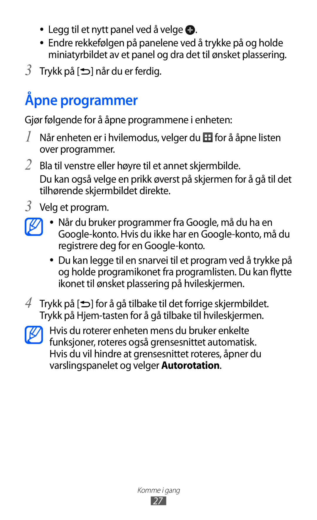 Samsung GT-S5570AAINEE, GT-S5570MAINEE manual Åpne programmer, Legg til et nytt panel ved å velge, Trykk på når du er ferdig 