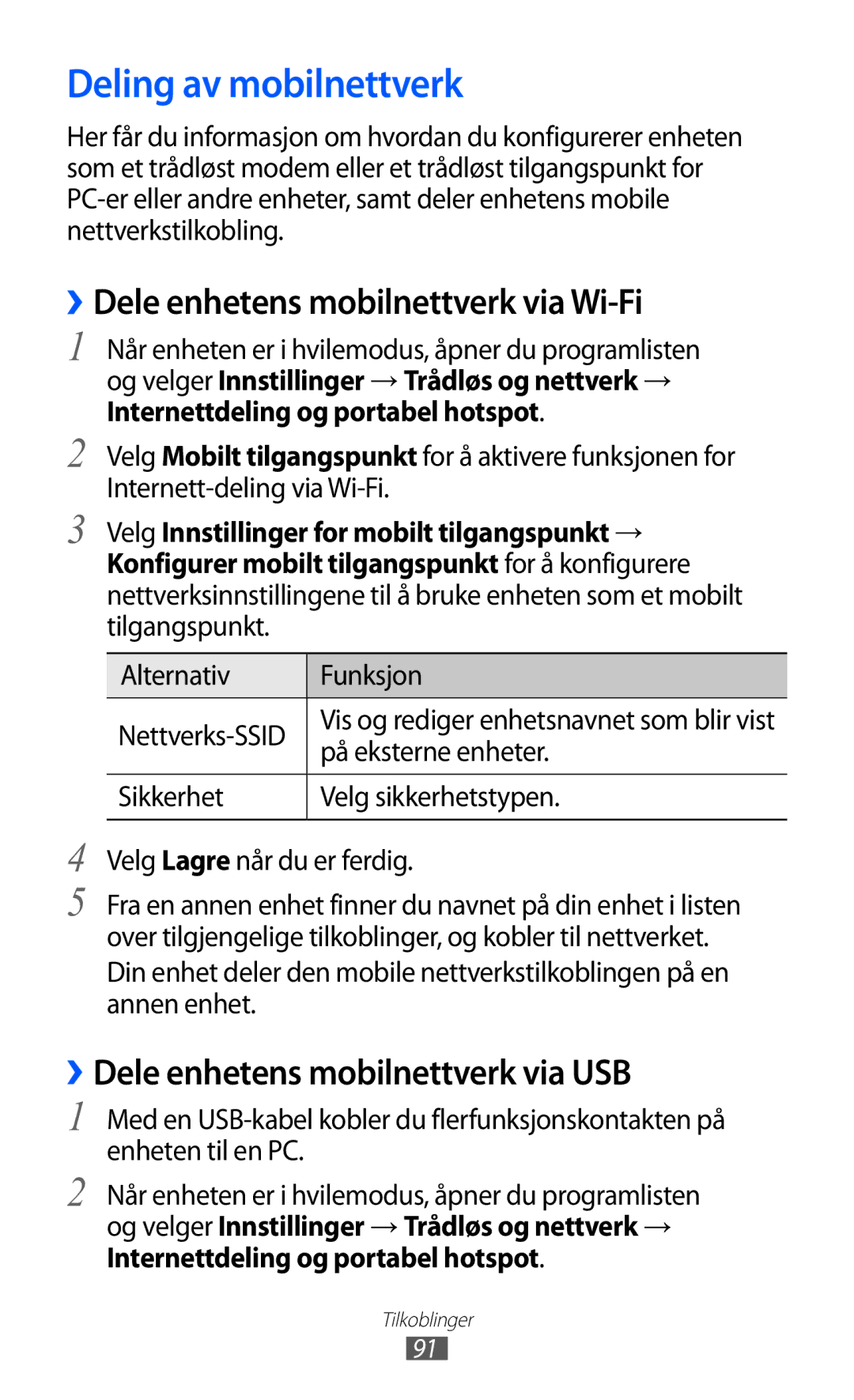 Samsung GT-S5570CWINEE, GT-S5570MAINEE, GT-S5570AAINEE Deling av mobilnettverk, ››Dele enhetens mobilnettverk via Wi-Fi 