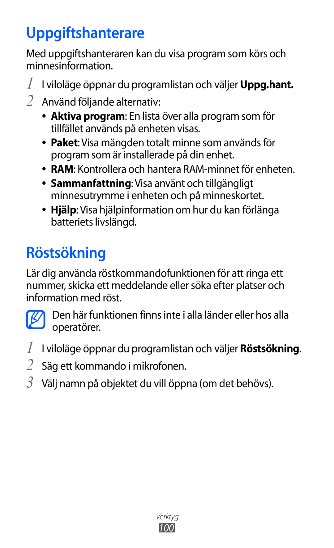 Samsung GT-S5570CWINEE, GT-S5570MAINEE Uppgiftshanterare, Röstsökning, RAM Kontrollera och hantera RAM-minnet för enheten 