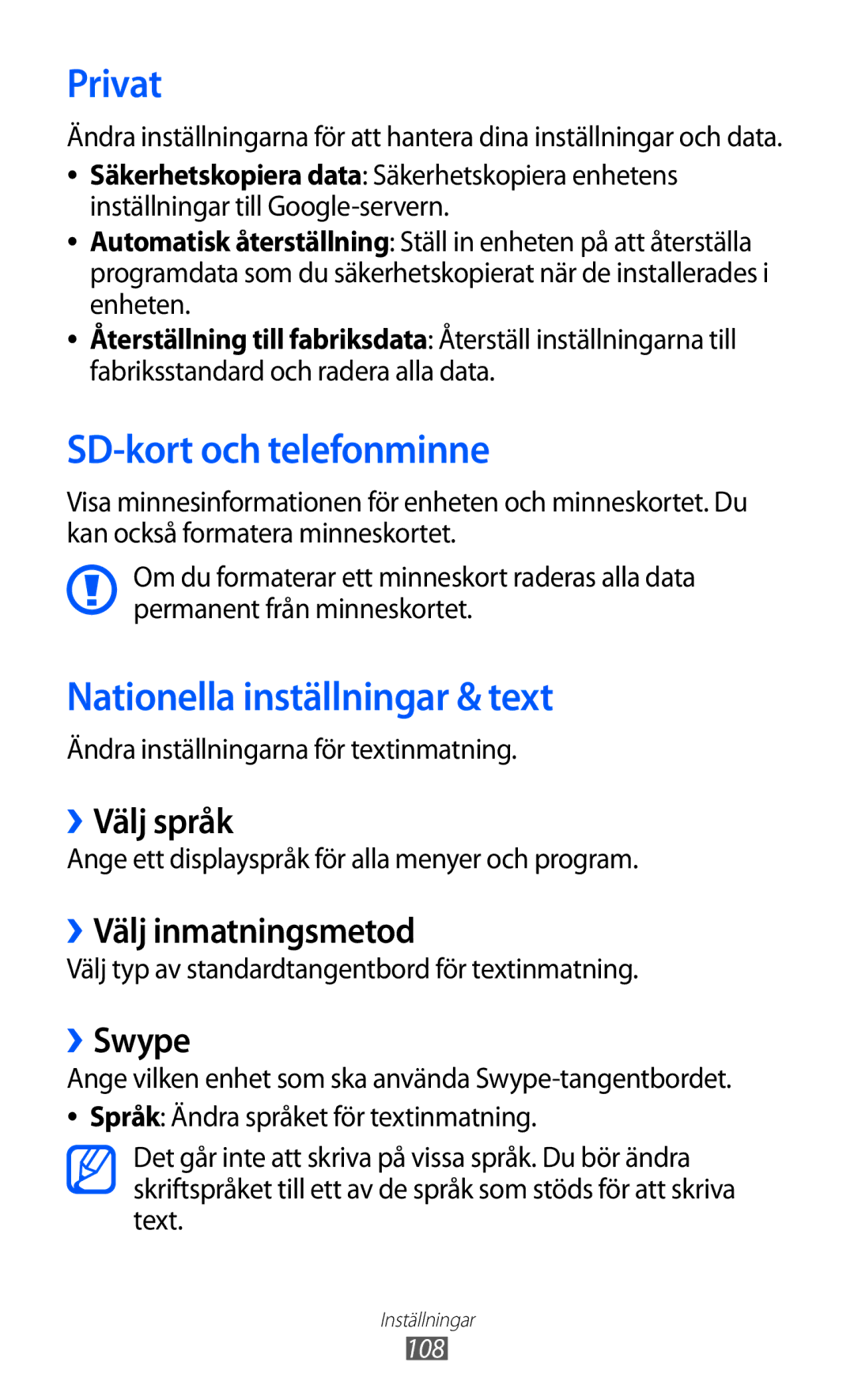 Samsung GT-S5570EGINEE, GT-S5570MAINEE, GT-S5570CWINEE Privat, SD-kort och telefonminne, Nationella inställningar & text 