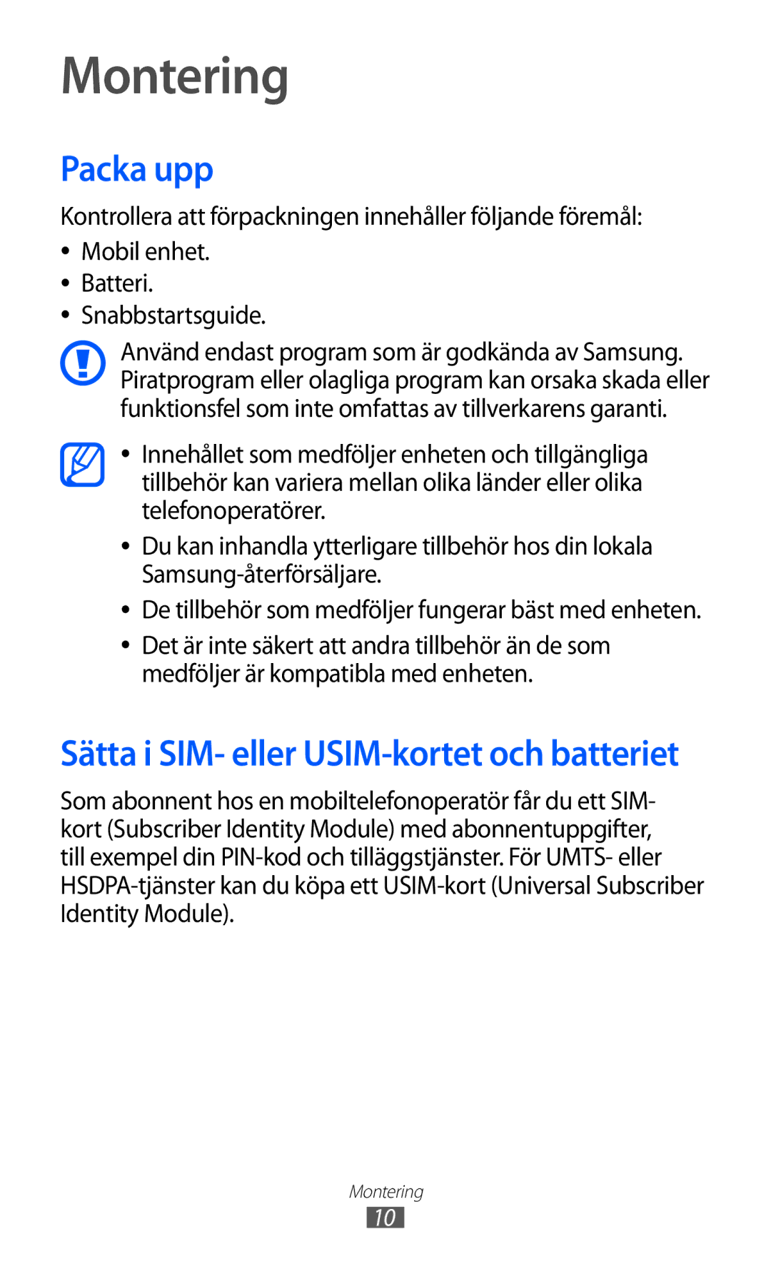 Samsung GT-S5570CWINEE, GT-S5570MAINEE, GT-S5570AAINEE, GT-S5570MOINEE, GT-S5570EGINEE manual Montering, Packa upp 