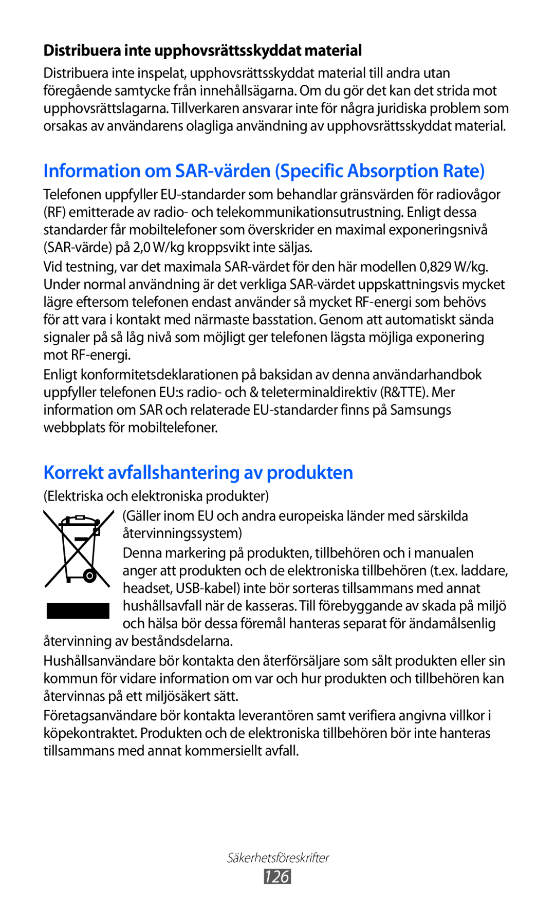 Samsung GT-S5570AAINEE, GT-S5570MAINEE, GT-S5570CWINEE, GT-S5570MOINEE Information om SAR-värden Specific Absorption Rate 