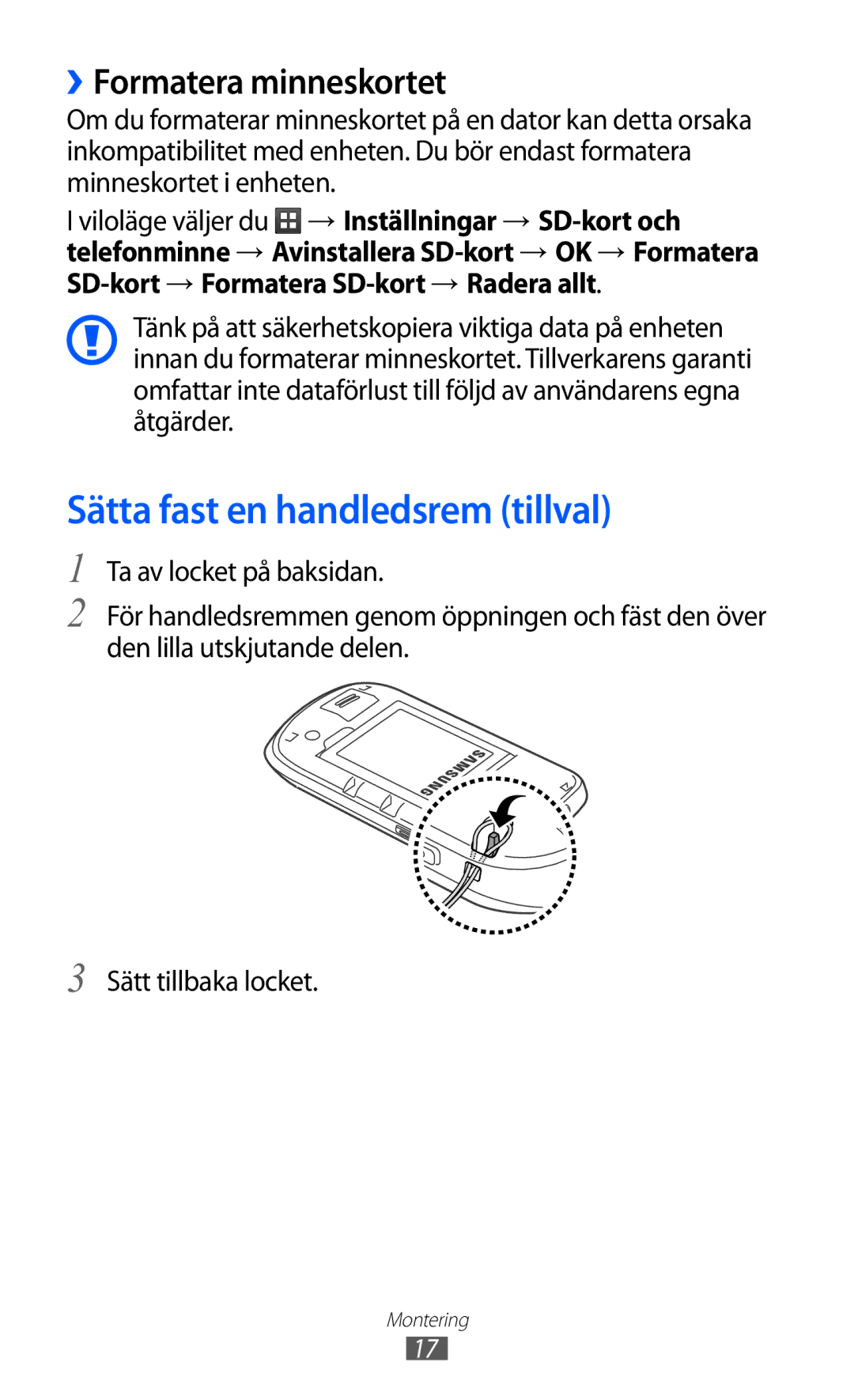 Samsung GT-S5570MOINEE, GT-S5570MAINEE, GT-S5570CWINEE manual Sätta fast en handledsrem tillval, ››Formatera minneskortet 