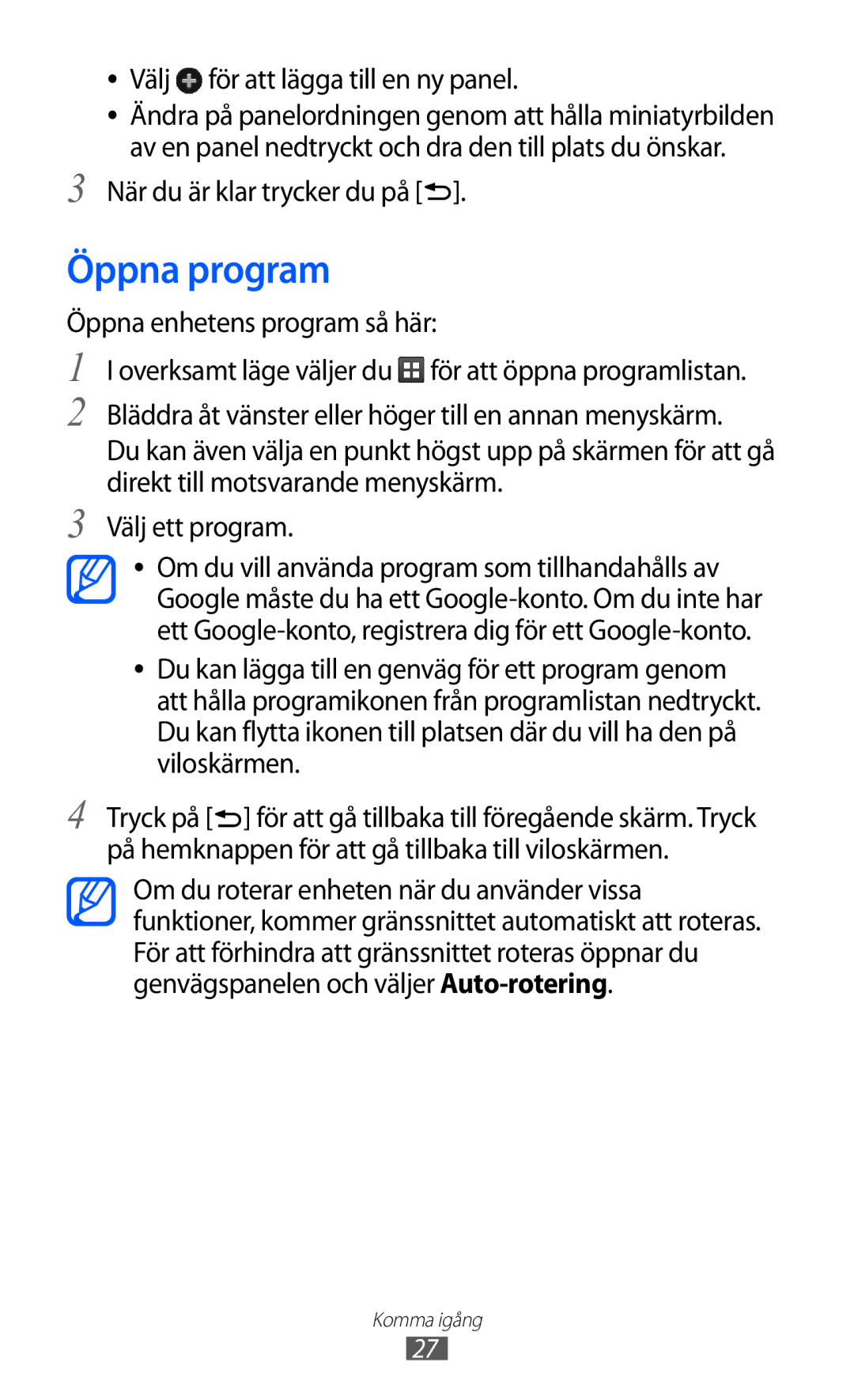 Samsung GT-S5570MOINEE, GT-S5570MAINEE Öppna program, Välj för att lägga till en ny panel, När du är klar trycker du på 