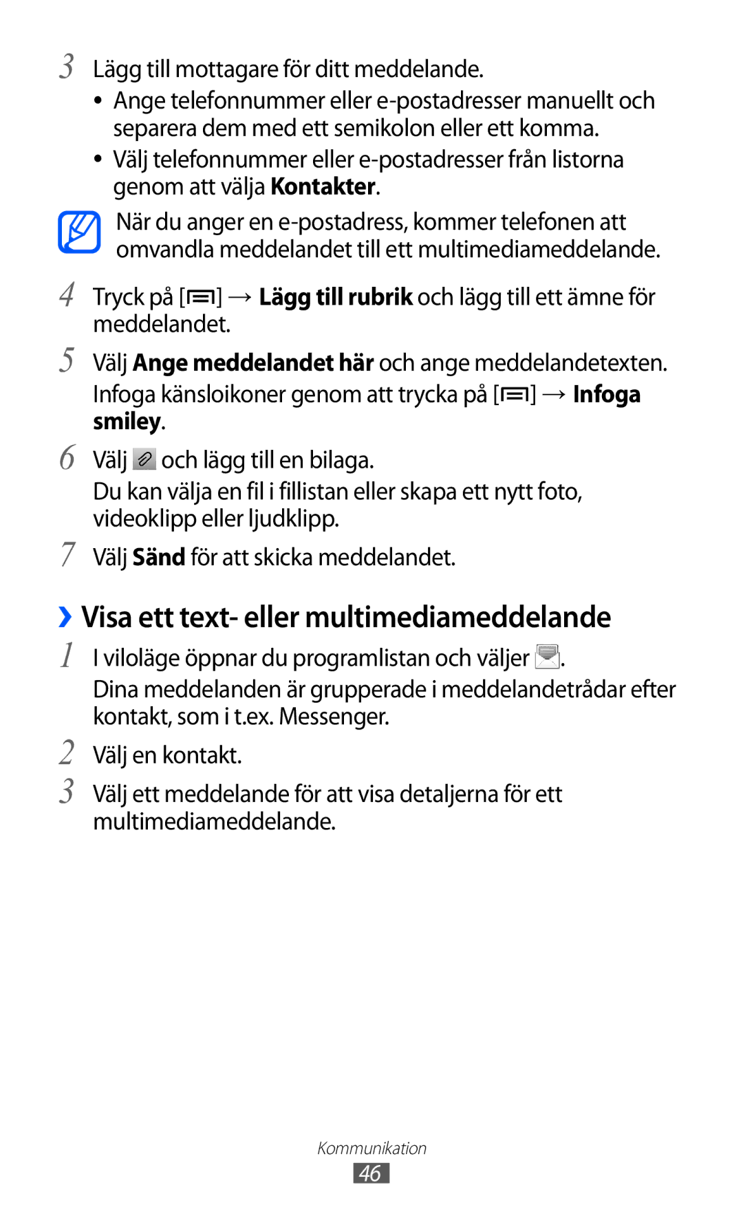 Samsung GT-S5570AAINEE manual ››Visa ett text- eller multimediameddelande, Lägg till mottagare för ditt meddelande 