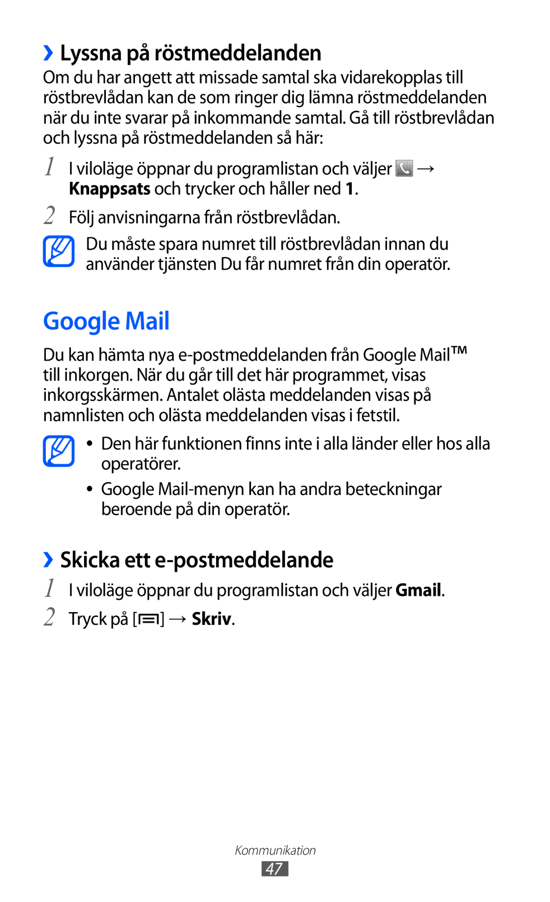 Samsung GT-S5570MOINEE, GT-S5570MAINEE manual Google Mail, ››Lyssna på röstmeddelanden, ››Skicka ett e-postmeddelande 