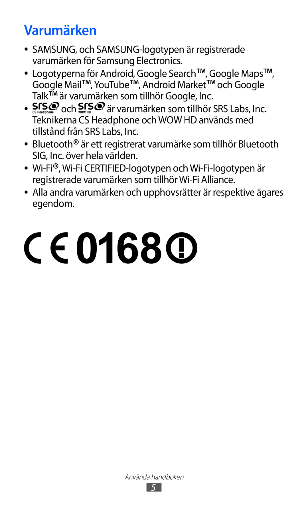 Samsung GT-S5570CWINEE, GT-S5570MAINEE, GT-S5570AAINEE, GT-S5570MOINEE, GT-S5570EGINEE manual Varumärken 