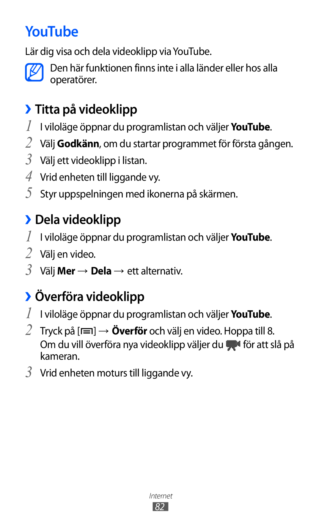 Samsung GT-S5570MOINEE, GT-S5570MAINEE manual YouTube, ››Titta på videoklipp, ››Dela videoklipp, ››Överföra videoklipp 