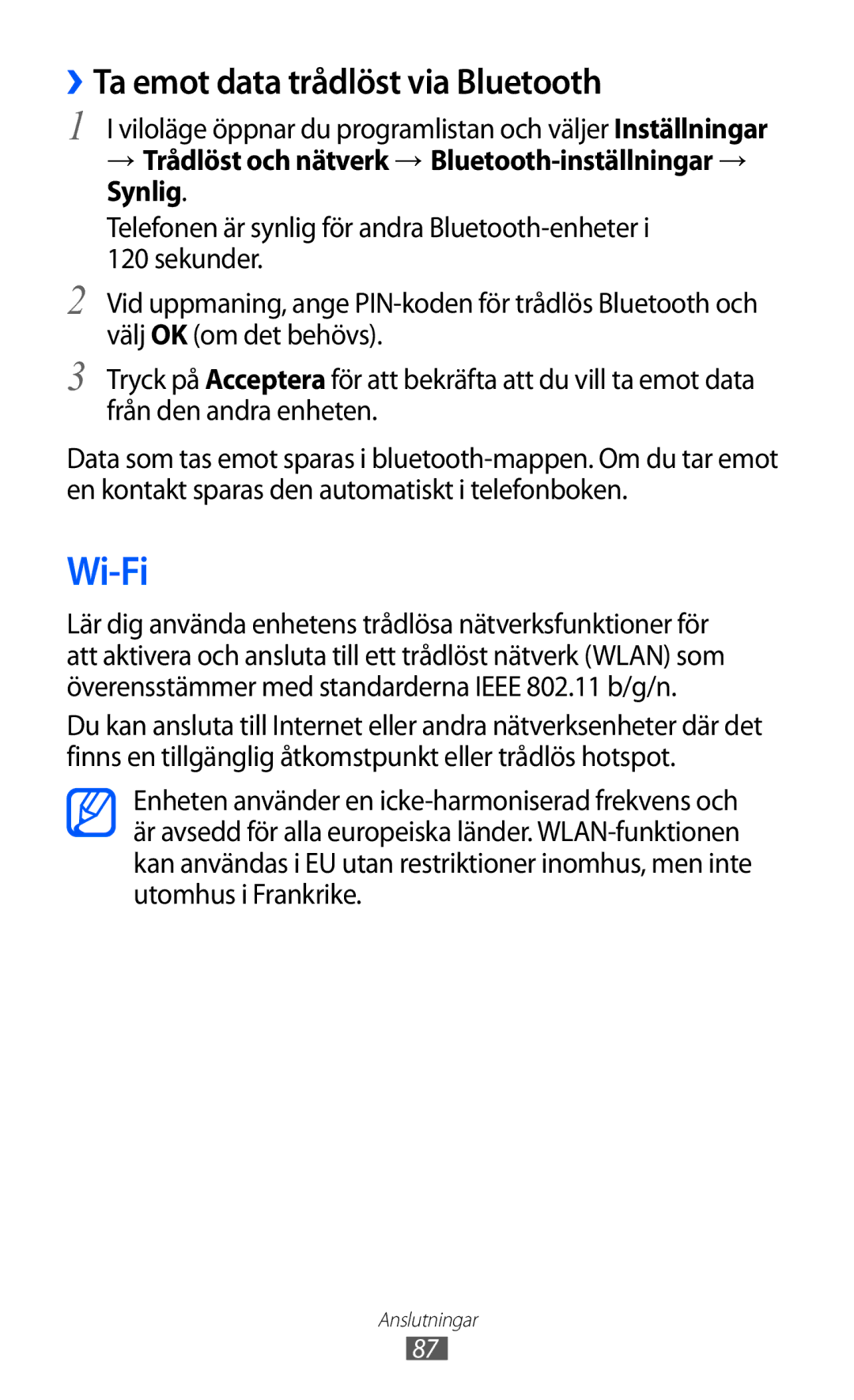 Samsung GT-S5570MOINEE, GT-S5570MAINEE, GT-S5570CWINEE, GT-S5570AAINEE manual Wi-Fi, ››Ta emot data trådlöst via Bluetooth 