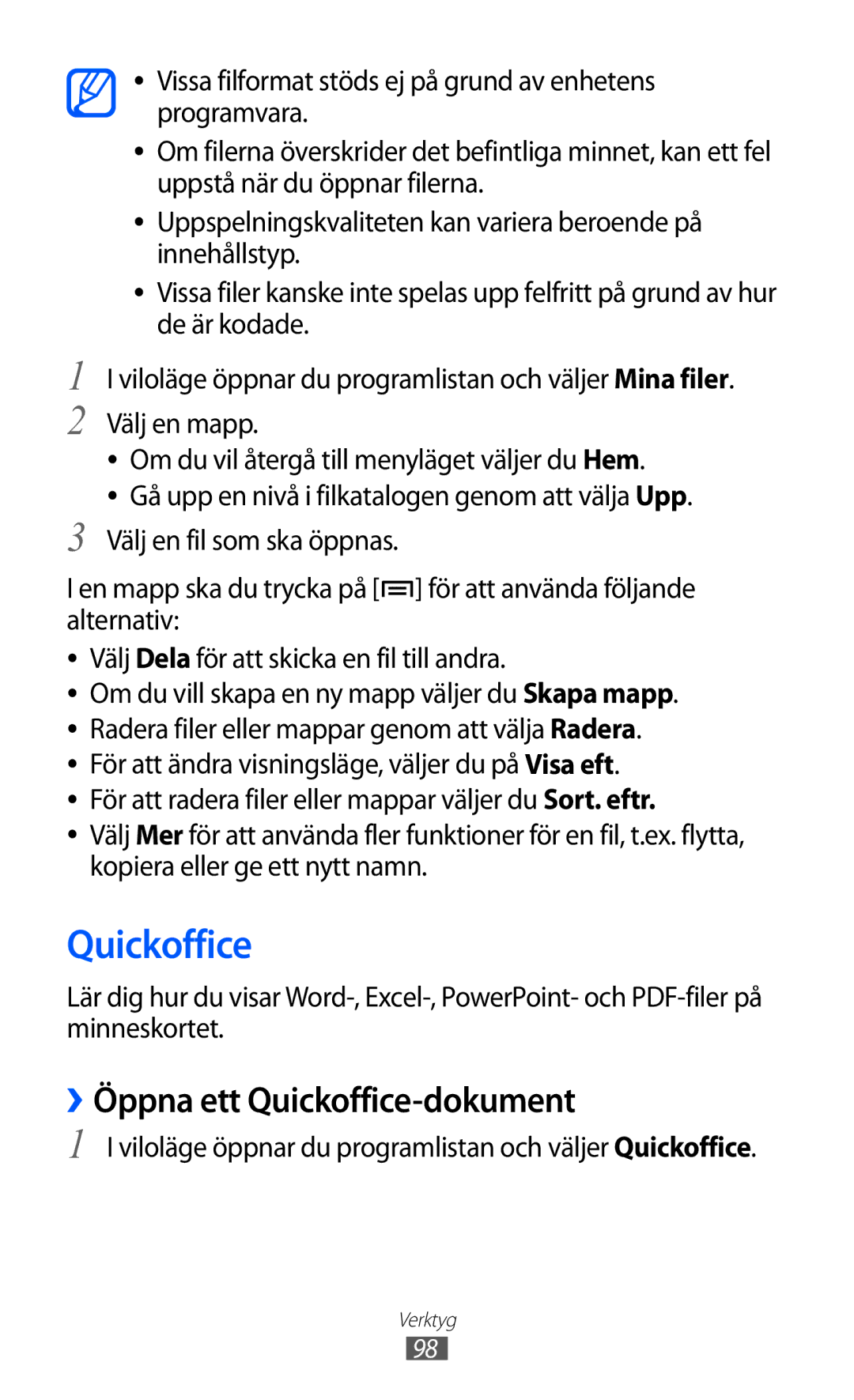 Samsung GT-S5570EGINEE manual ››Öppna ett Quickoffice-dokument, Viloläge öppnar du programlistan och väljer Quickoffice 