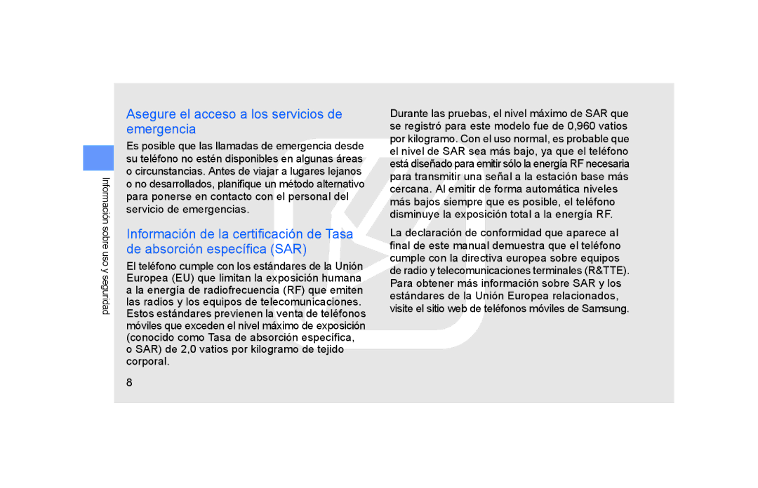 Samsung GT-S5600HAAATL, GT-S5600CRAAMN, GT-S5600PWAXEC, GT-S5600SVAAMN manual Asegure el acceso a los servicios de emergencia 