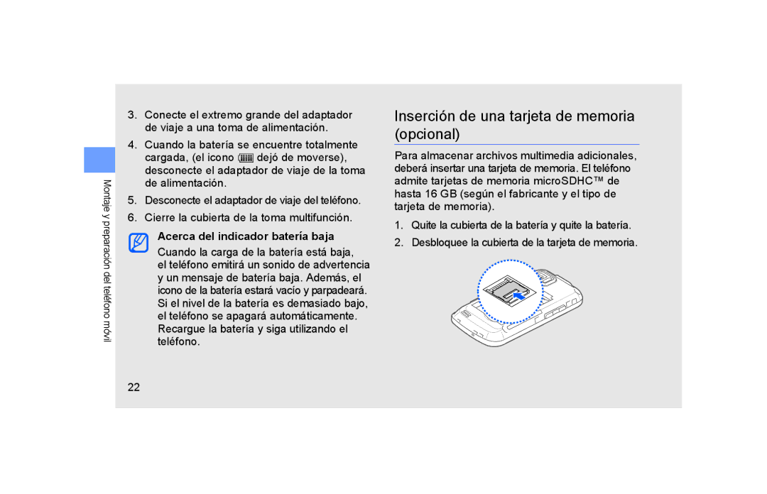 Samsung GT-S5600TKAAMN, GT-S5600CRAAMN Inserción de una tarjeta de memoria opcional, Acerca del indicador batería baja 