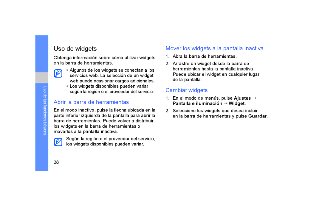 Samsung GT-S5600SVAAMN manual Uso de widgets, Abrir la barra de herramientas, Mover los widgets a la pantalla inactiva 