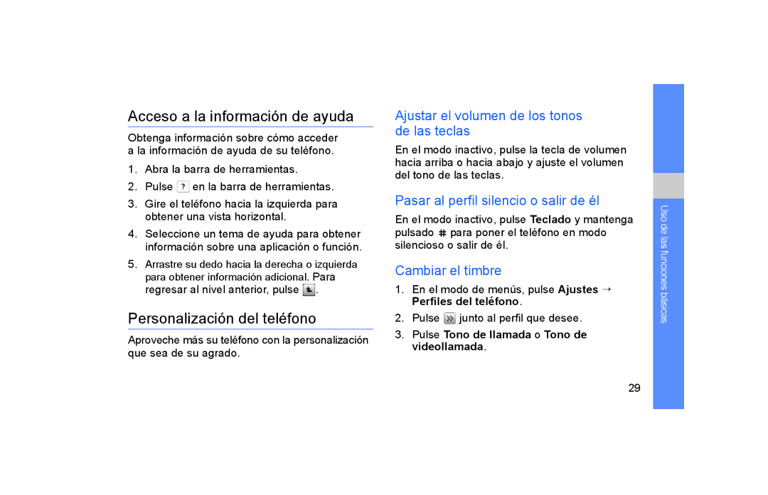 Samsung GT-S5600SIAAMN, GT-S5600CRAAMN Acceso a la información de ayuda, Personalización del teléfono, Cambiar el timbre 