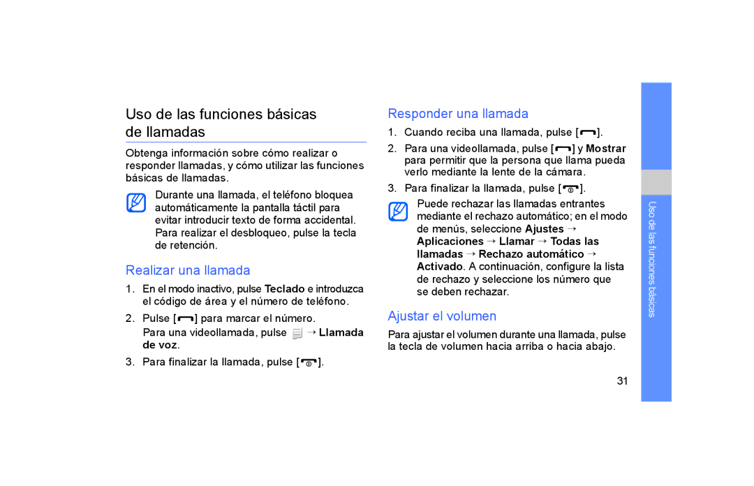 Samsung GT-S5600TKAXEC manual Uso de las funciones básicas de llamadas, Realizar una llamada, Responder una llamada, De voz 