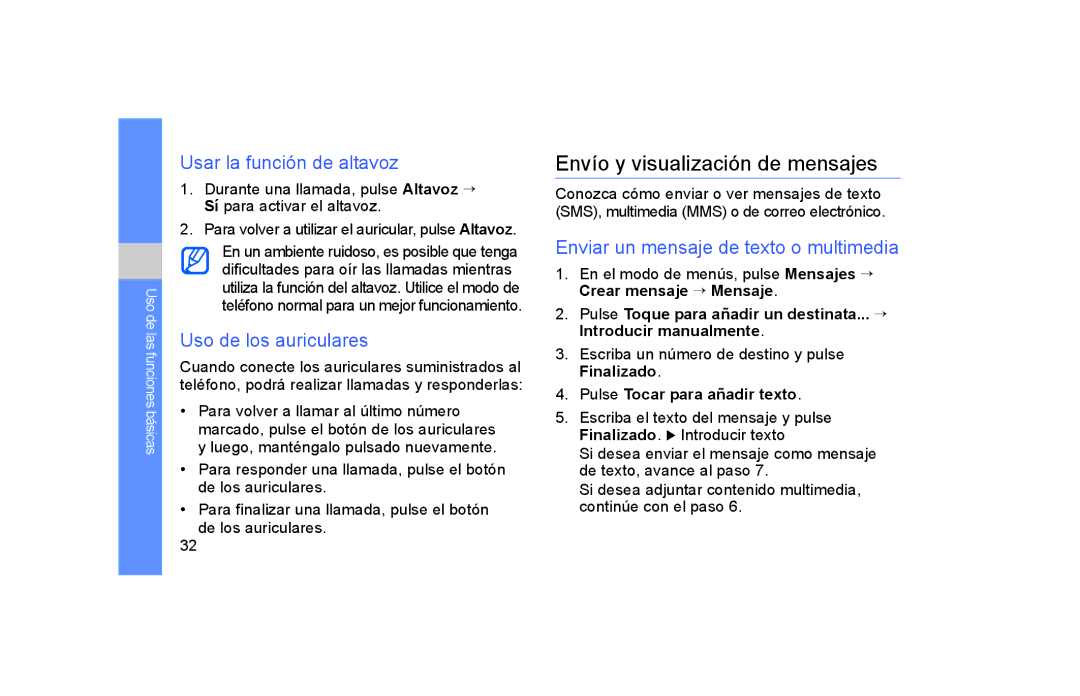 Samsung GT-S5600IVAXEC manual Envío y visualización de mensajes, Usar la función de altavoz, Uso de los auriculares 