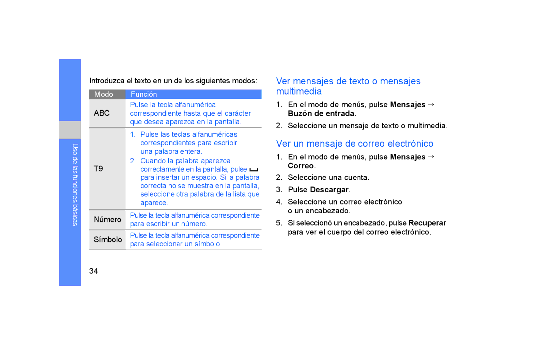 Samsung GT-S5600SIVATL Ver mensajes de texto o mensajes multimedia, Ver un mensaje de correo electrónico, Pulse Descargar 