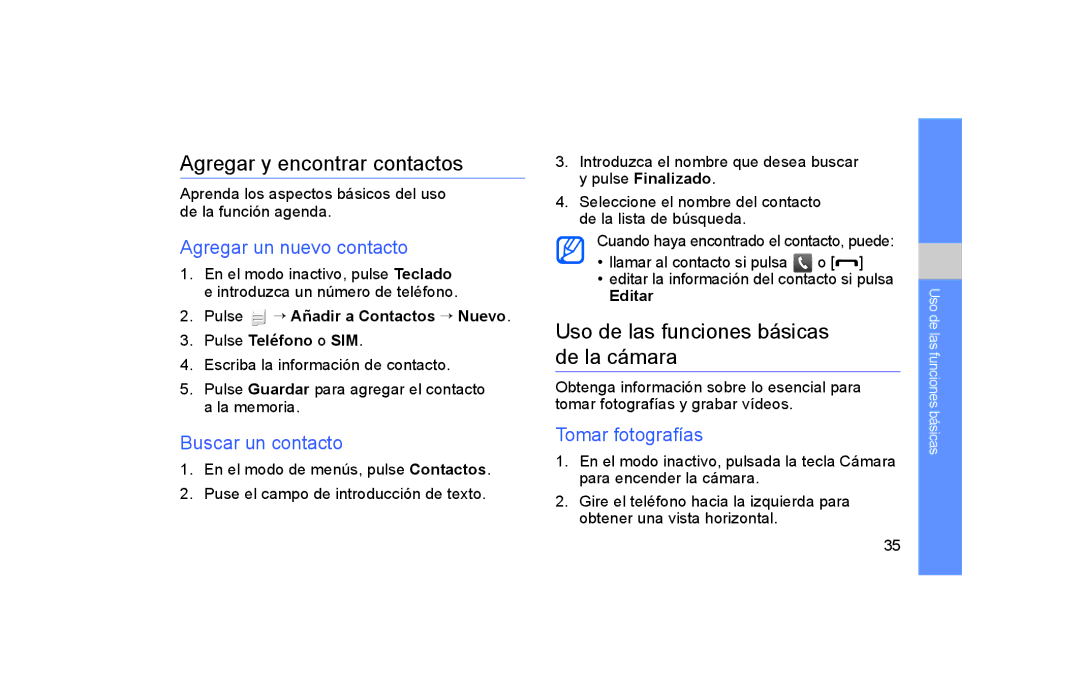 Samsung GT-S5600IVAAMN Agregar y encontrar contactos, Uso de las funciones básicas de la cámara, Agregar un nuevo contacto 