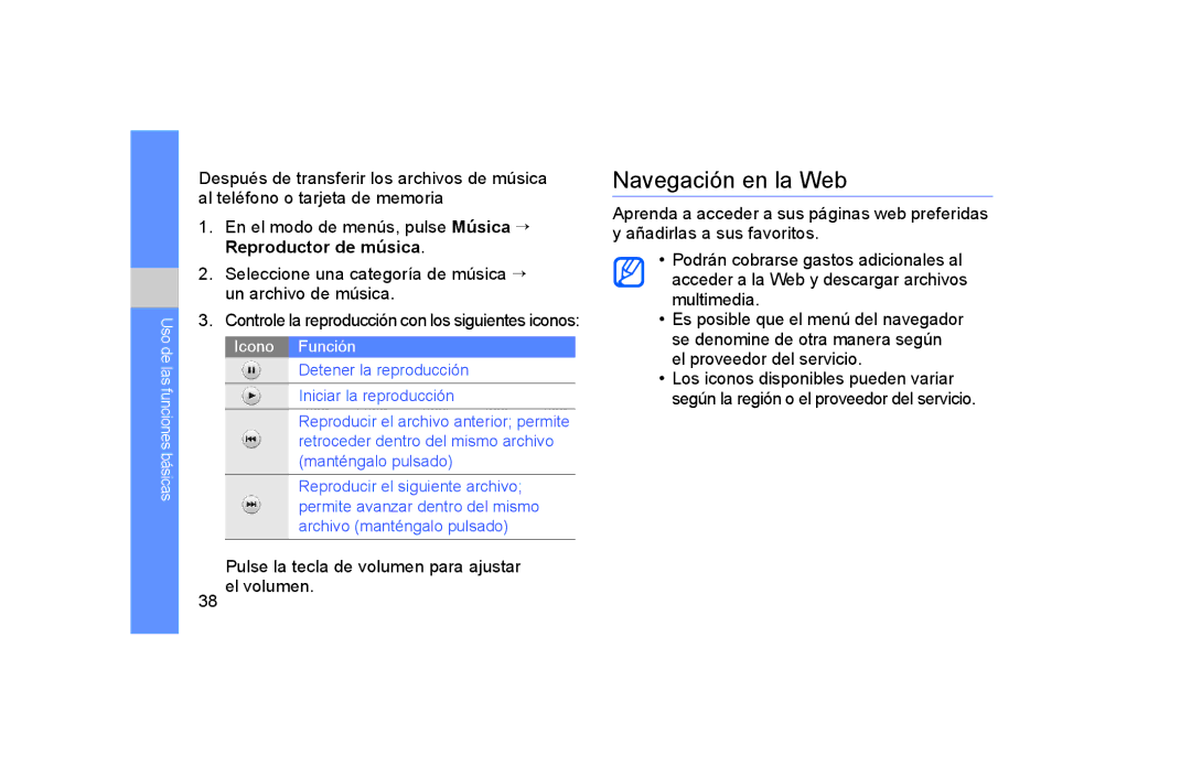 Samsung GT-S5600HAAATL, GT-S5600CRAAMN Navegación en la Web, En el modo de menús, pulse Música → Reproductor de música 