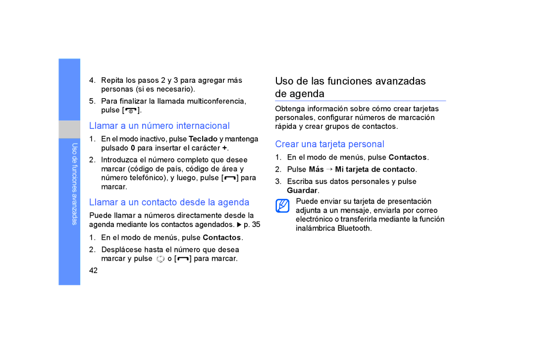 Samsung GT-S5600PWAXEC, GT-S5600CRAAMN manual Uso de las funciones avanzadas de agenda, Llamar a un número internacional 