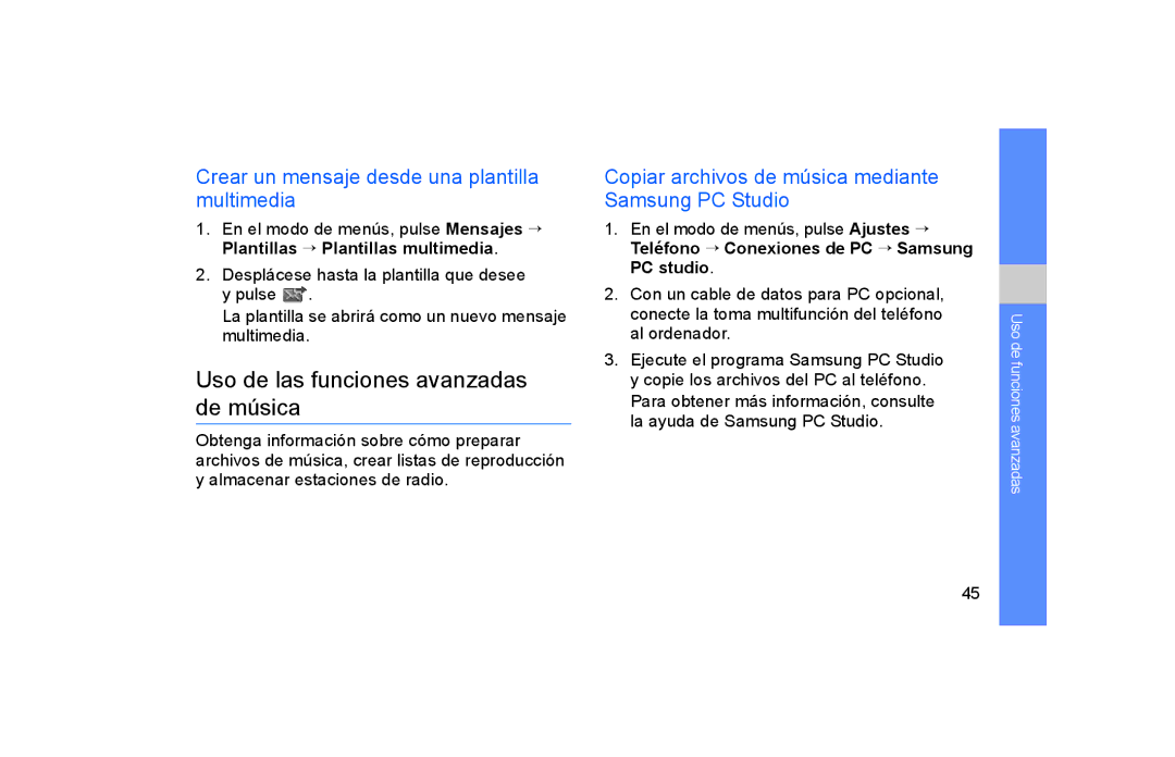 Samsung GT-S5600TKVATL manual Uso de las funciones avanzadas de música, Crear un mensaje desde una plantilla multimedia 