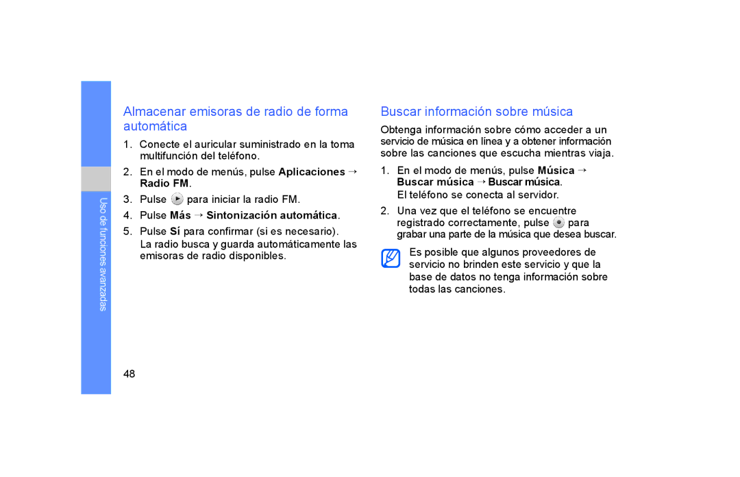 Samsung GT-S5600HAAAMN, GT-S5600CRAAMN Almacenar emisoras de radio de forma automática, Buscar información sobre música 