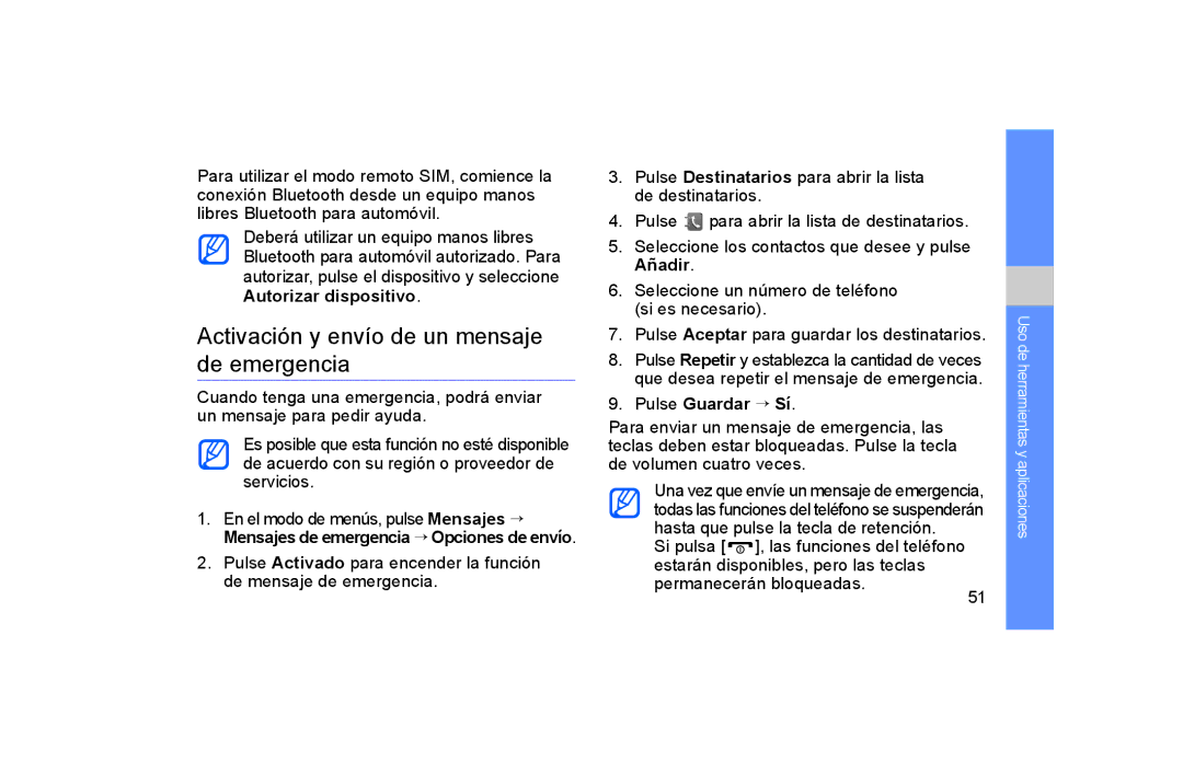 Samsung GT-S5600FKVATL manual Activación y envío de un mensaje de emergencia, Autorizar dispositivo, Pulse Guardar → Sí 