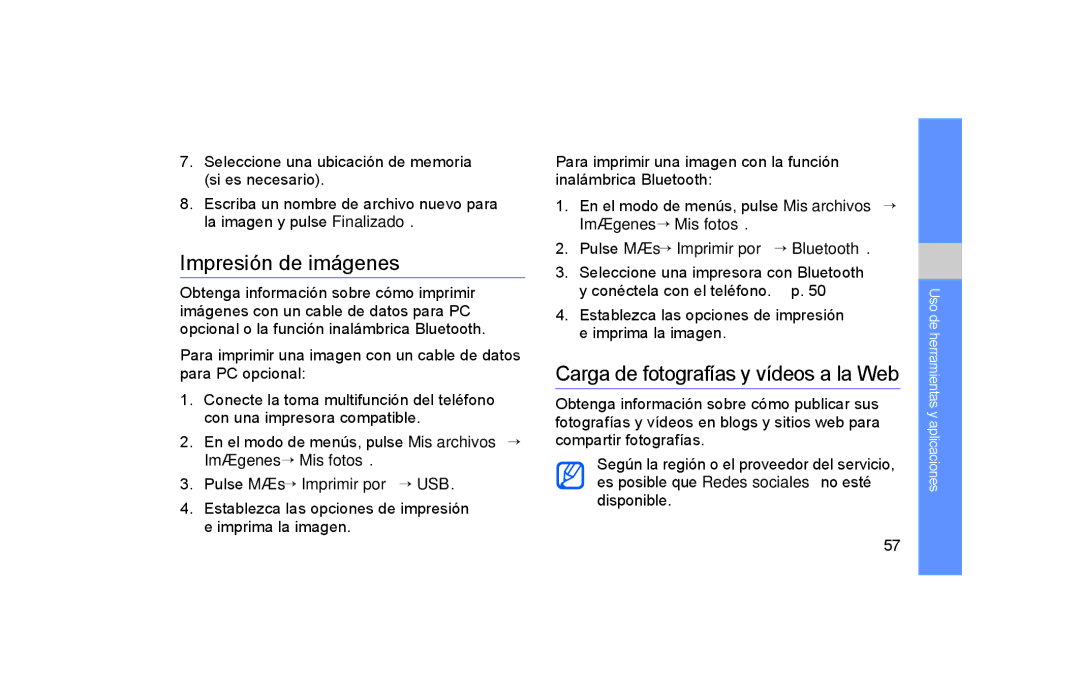 Samsung GT-S5600PWAXEC, GT-S5600CRAAMN, GT-S5600SVAAMN manual Impresión de imágenes, Carga de fotografías y vídeos a la Web 