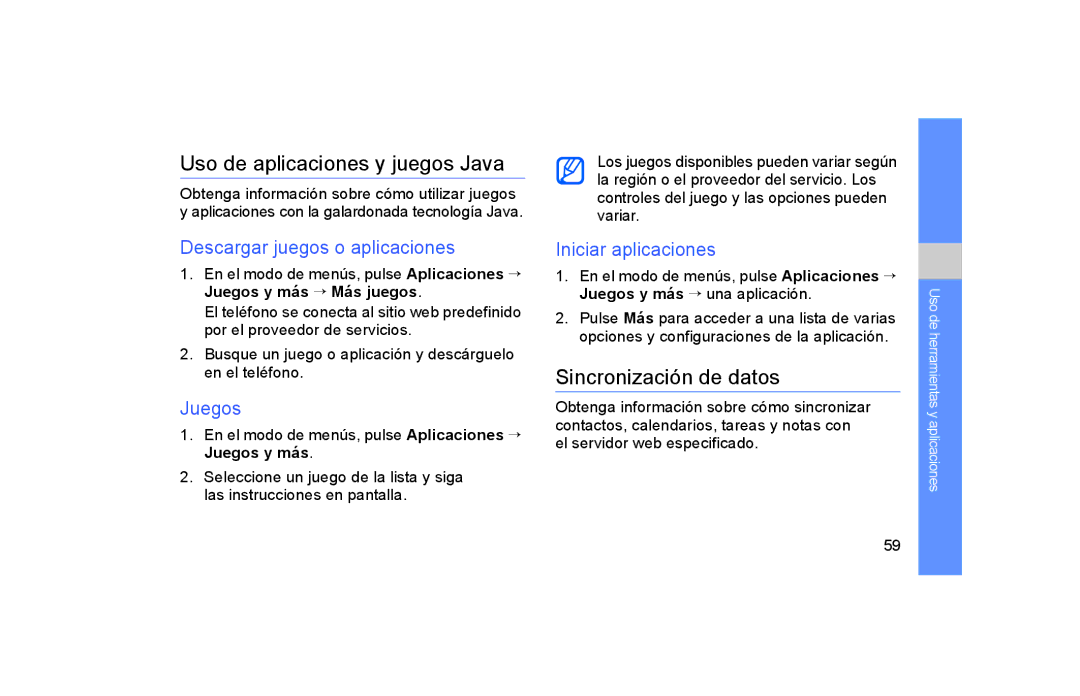Samsung GT-S5600SIAAMN Uso de aplicaciones y juegos Java, Sincronización de datos, Descargar juegos o aplicaciones, Juegos 