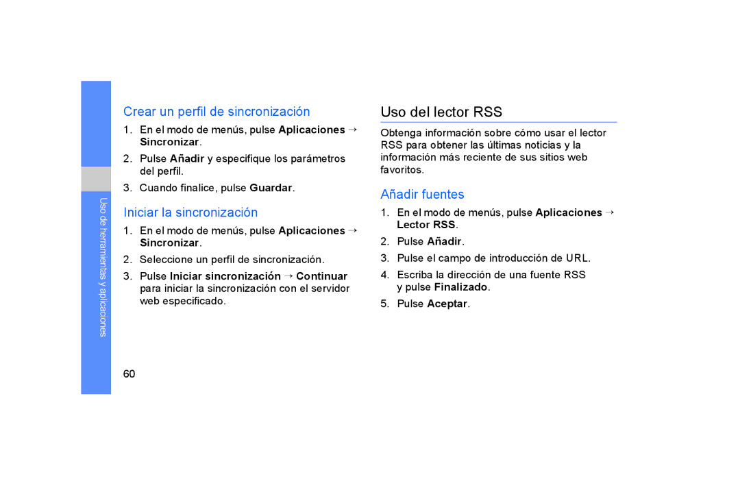 Samsung GT-S5600TKVATL Uso del lector RSS, Crear un perfil de sincronización, Iniciar la sincronización, Añadir fuentes 