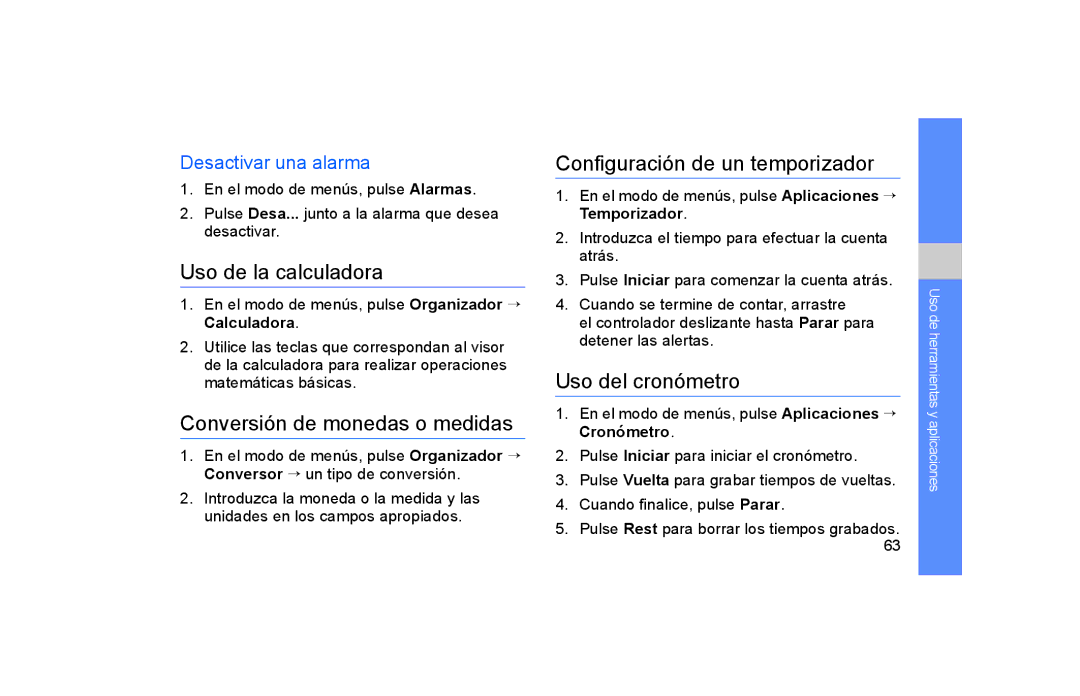 Samsung GT-S5600HAAAMN manual Uso de la calculadora, Conversión de monedas o medidas, Configuración de un temporizador 