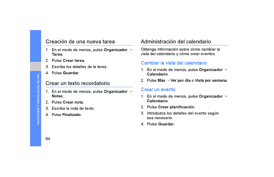 Samsung GT-S5600SIVATL manual Creación de una nueva tarea, Crear un texto recordatorio, Administración del calendario 