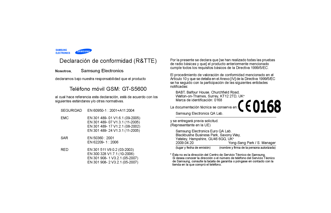 Samsung GT-S5600SVAAMN, GT-S5600CRAAMN, GT-S5600PWAXEC, GT-S5600SIAAMN, GT-S5600TKVATL manual Declaración de conformidad R&TTE 