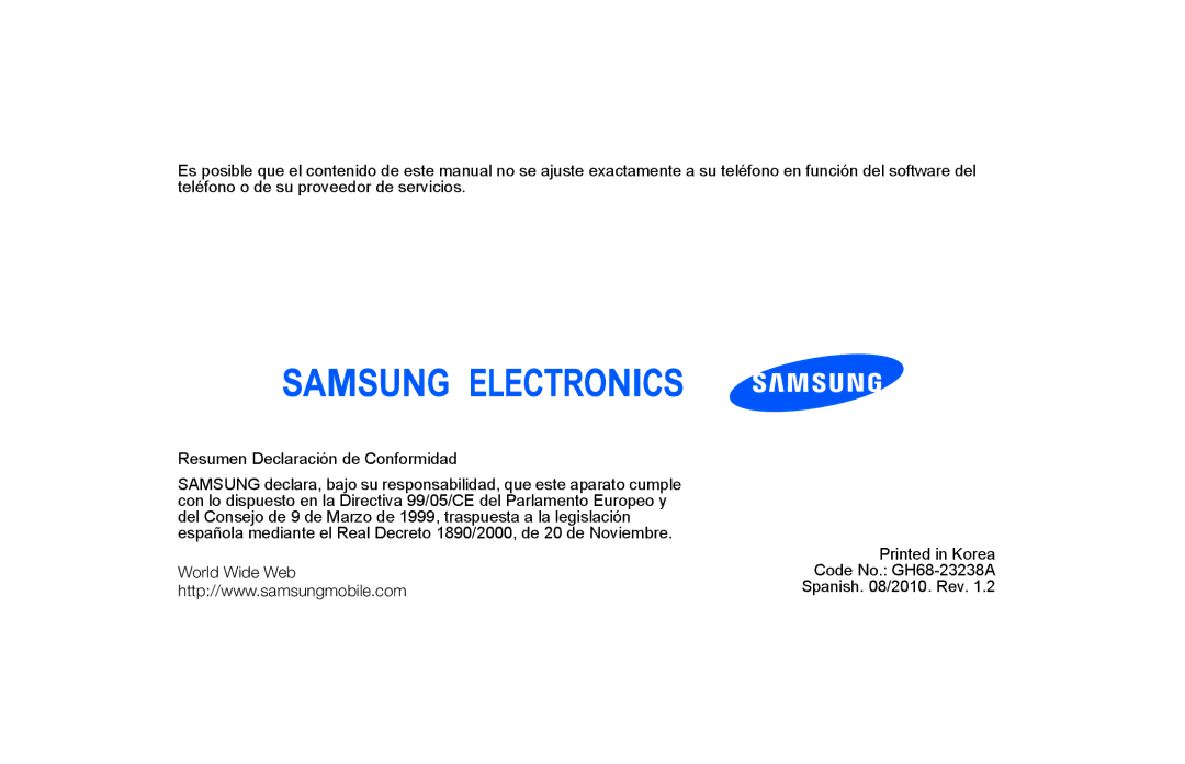 Samsung GT-S5600SIAAMN, GT-S5600CRAAMN, GT-S5600PWAXEC, GT-S5600SVAAMN, GT-S5600TKVATL, GT-S5600TKAXEC, GT-S5600IVAXEC manual 