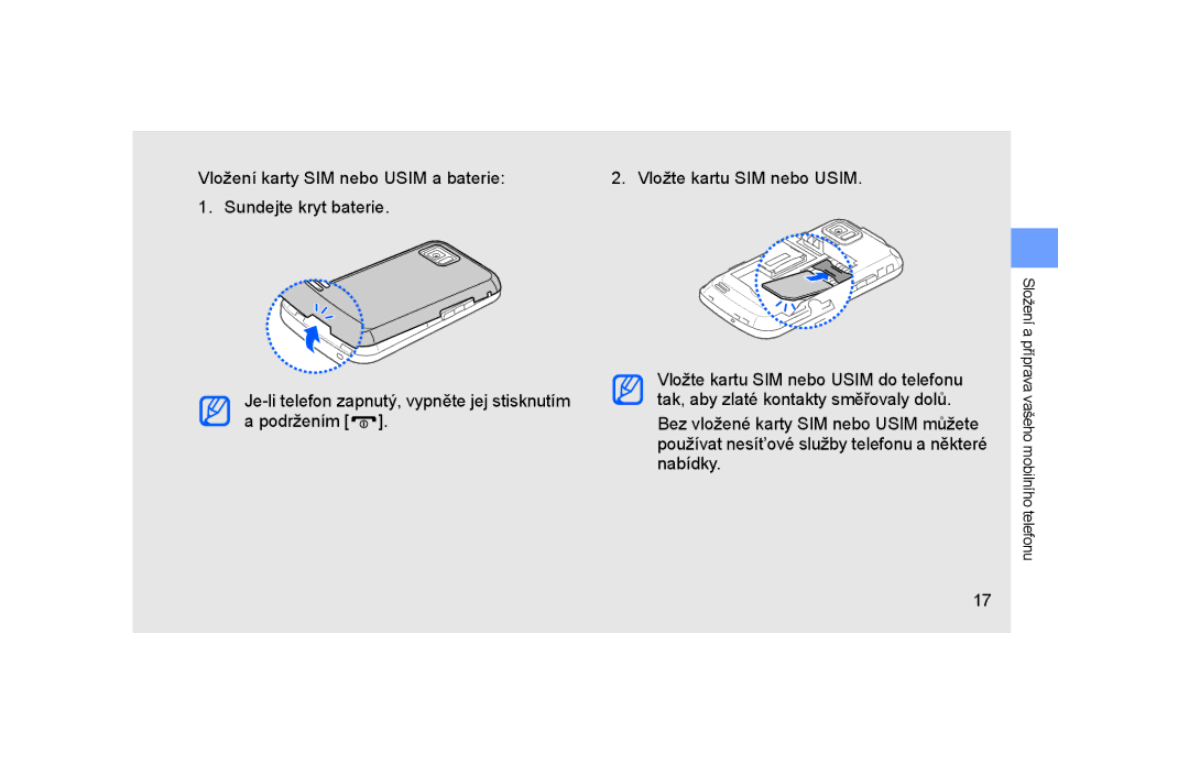 Samsung GT-S5600TKVVDC, GT-S5600TKAORS manual Vložení karty SIM nebo Usim a baterie 
